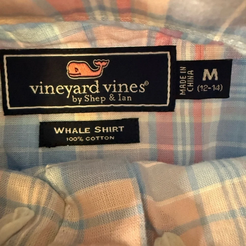 Boys Vineyard Vines Whale Shirt Medium 12-14 Pastel Plaid Button Down Cotton
